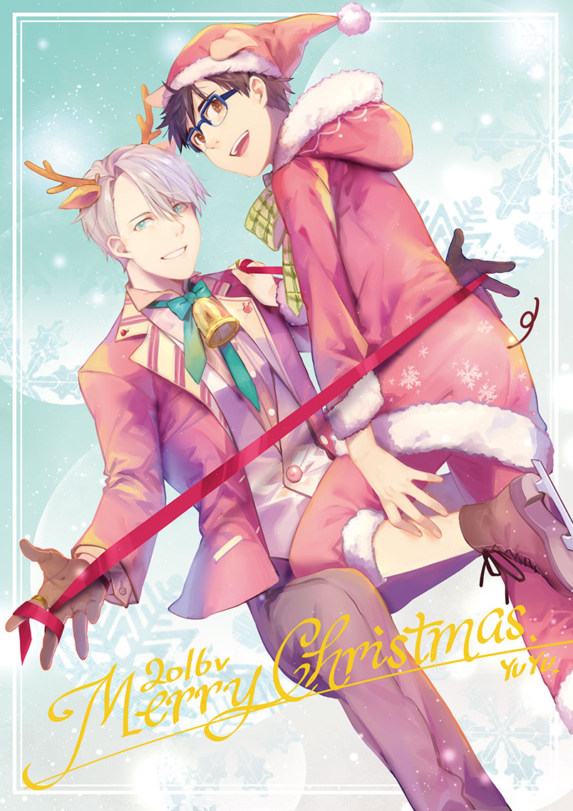 2016 2boys animal_ears antlers bell black_gloves black_hair blazer blue-framed_eyewear blue_eyes bow bowtie brown_eyes christmas extra_ears glasses gloves hat hood hood_down ice_skates jacket jewelry katsuki_yuuri male_focus merry_christmas multiple_boys open_mouth pants pig_ears pig_tail reindeer_antlers reindeer_ears ribbon ring santa_costume santa_hat silver_hair skates smile snowflakes tail viktor_nikiforov yuri!!!_on_ice yuyu_(yuyudesu0806)