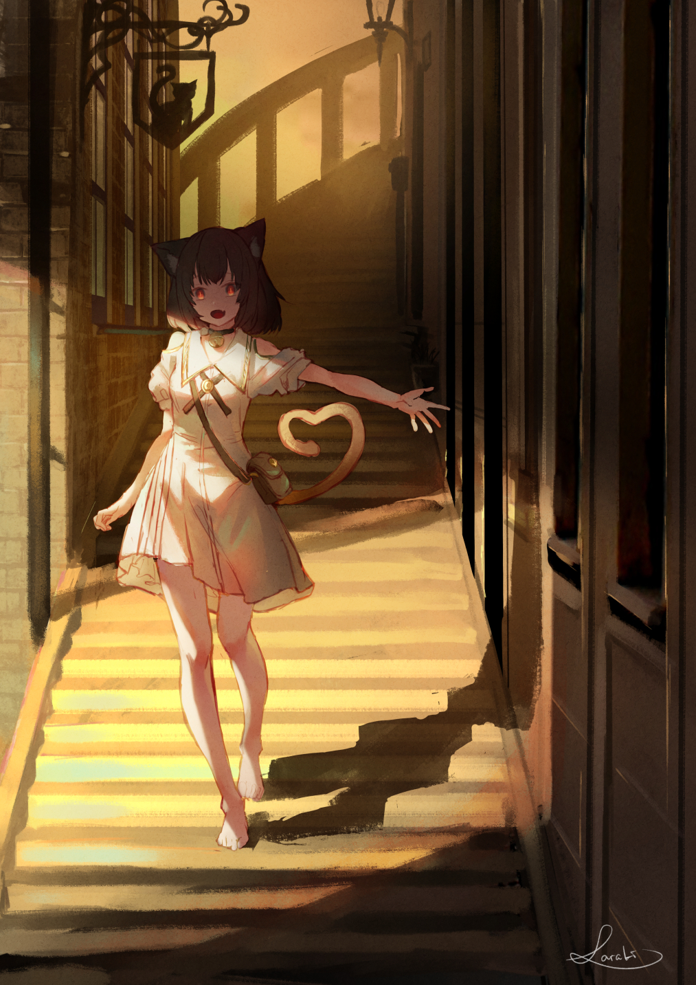 1girl :d animal_ear_fluff animal_ears bag bangs barefoot black_hair brick_wall building cat_ears cat_girl cat_tail collared_dress commentary_request dress fang heart heart_tail highres looking_at_viewer open_mouth original outdoors outstretched_arm puffy_short_sleeves puffy_sleeves red_eyes saraki short_hair short_sleeves shoulder_bag shoulder_cutout signature smile solo stairs standing sunset tail walking white_dress window