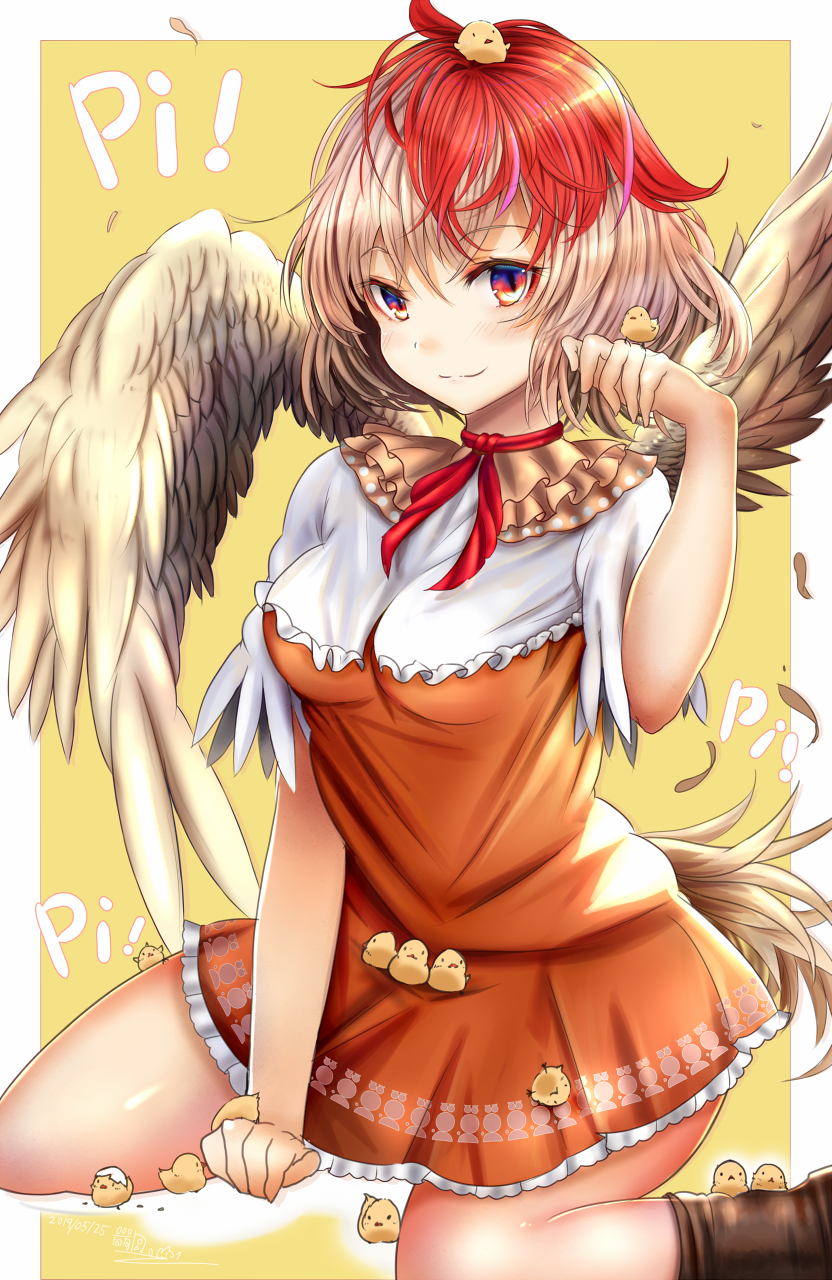 1girl animal animal_on_head bangs bird blonde_hair blush boots border breasts brown_footwear chick choker commentary_request dress eyebrows_visible_through_hair feathered_wings feathers feet_out_of_frame frilled_shirt_collar frills hair_between_eyes hand_up highres houdukixx looking_at_viewer medium_breasts multicolored_hair niwatari_kutaka on_head orange_dress outside_border petticoat red_choker red_eyes redhead ribbon_choker shirt short_dress short_hair short_sleeves simple_background sitting smile solo thighs touhou two-tone_hair wariza white_border white_shirt wings yellow_background