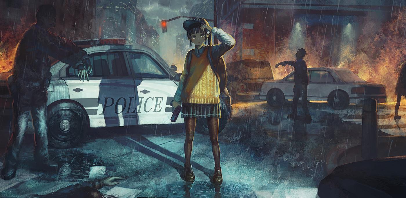 1girl baseball_cap black_hair black_skirt building car cardigan clouds cloudy_sky commentary crosswalk dangotaso english_commentary english_text fire ground_vehicle gun handgun hat holding holding_gun holding_weapon lamppost lights looking_at_viewer miniskirt motor_vehicle night original outdoors outstretched_arms pantyhose police police_car rain road shadow short_hair skirt sky standing street traffic_light weapon yellow_eyes zombie zombie_pose