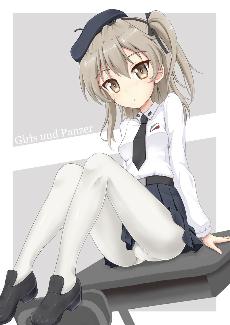 1girl beret black_bow black_footwear black_hairband black_headwear black_neckwear black_skirt blush bow breasts brown_eyes brown_hair chair collared_shirt commentary_request copyright_name desk flipper girls_und_panzer grey_background hairband hat head_tilt loafers long_hair long_sleeves looking_at_viewer necktie on_desk panties panties_under_pantyhose pantyhose parted_lips pleated_skirt school_chair school_desk shimada_arisu shirt shoes sitting sitting_on_desk skirt small_breasts solo two-tone_background underwear white_background white_legwear white_shirt