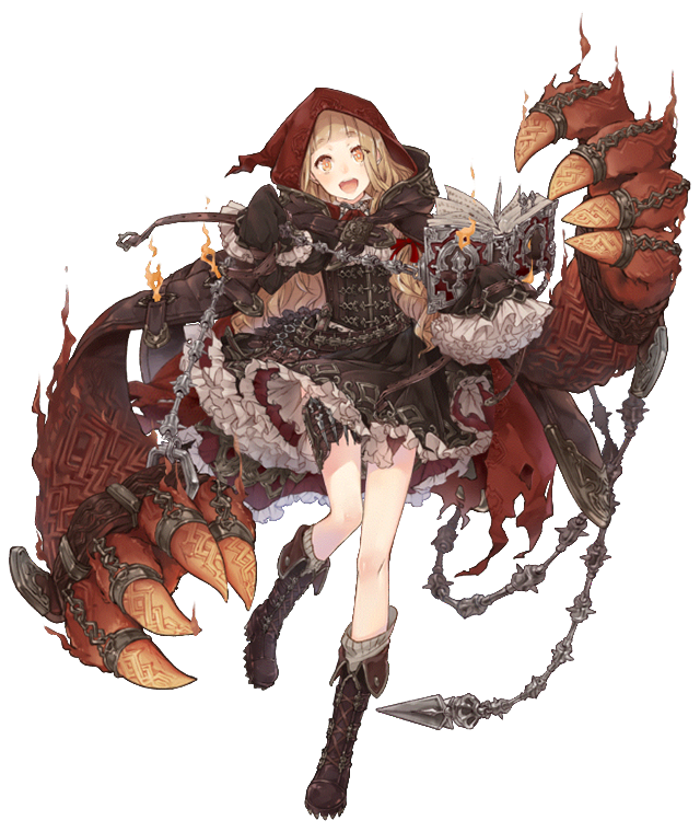 1girl :d belt blonde_hair book chain cloak corset cross-laced_footwear dress extra_arms eyebrows_visible_through_hair frills full_body hair_ribbon hood hood_up hooded_cloak ji_no little_red_riding_hood_(sinoalice) looking_at_viewer official_art open_mouth orange_eyes ribbon sinoalice sleeves_past_wrists smile solo spiked_boots thigh_strap torn_cloak torn_clothes transparent_background upper_teeth