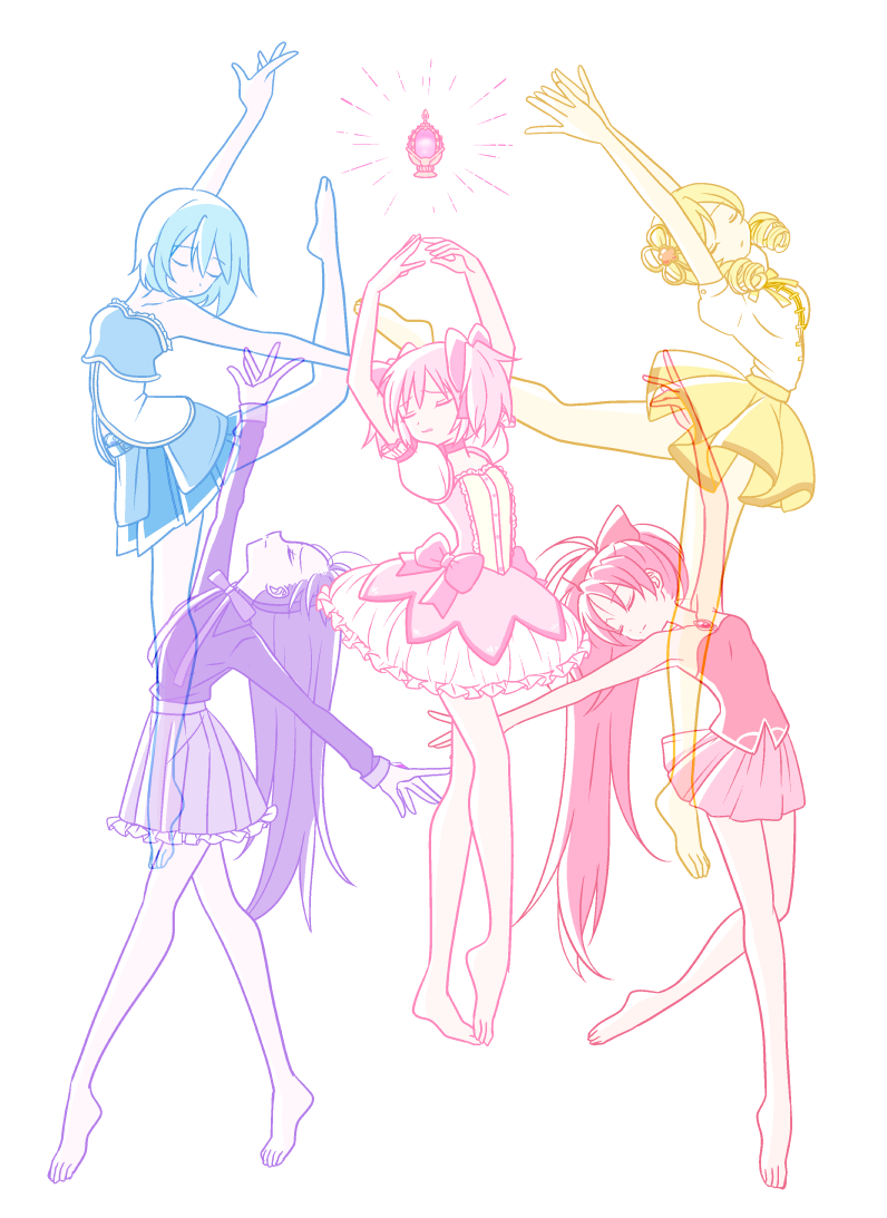 5girls akemi_homura armpits arms_up ballet bare_arms bare_legs bare_shoulders barefoot blonde_hair blue_hair blue_theme bubble_skirt dancing drill_hair expressionless eyebrows_visible_through_hair full_body glowing hair_ribbon kaname_madoka long_hair long_sleeves mahou_shoujo_madoka_magica miki_sayaka multiple_girls outstretched_arms pink_hair pink_ribbon pink_theme pleated_skirt pokki_(sue_eus) profile puffy_short_sleeves puffy_sleeves purple_hair purple_ribbon purple_shirt purple_skirt purple_theme red_theme redhead ribbon sakura_kyouko see-through shirt short_hair short_sleeves simple_background skirt soul_gem strapless tiptoes tomoe_mami twin_drills twintails white_background yellow_theme
