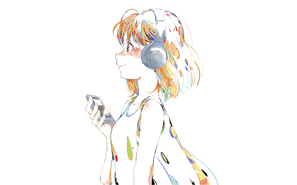 1girl abstract headphones love_live! love_live!_sunshine!! official_art orange_hair product_placement short_hair sony takami_chika tank_top walkman white_background wireless