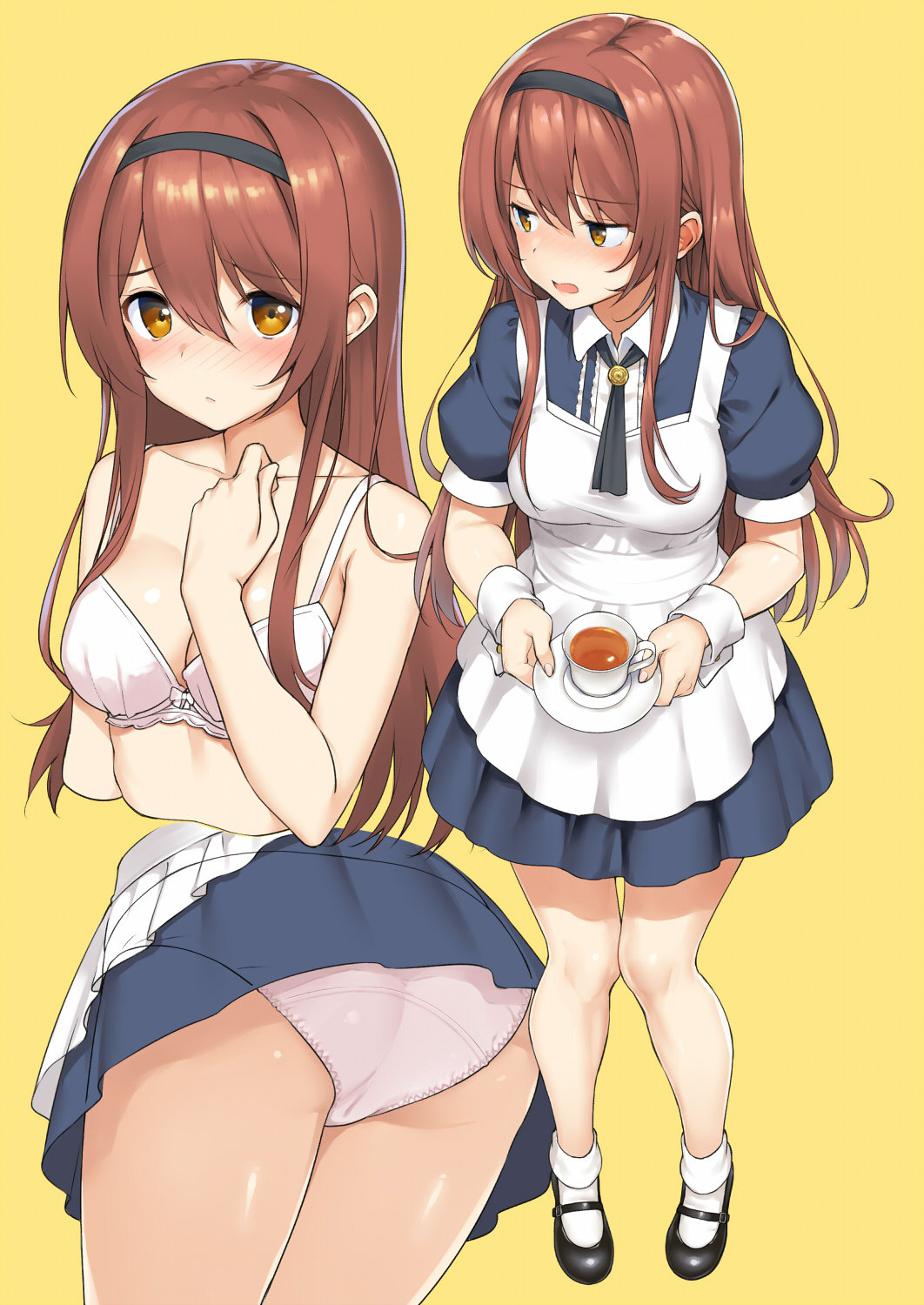 1girl apron ass bangs black_footwear black_hairband blue_shirt blue_skirt blush bobby_socks bow bow_bra bra breasts brown_eyes brown_hair closed_mouth collarbone collared_shirt commentary_request cropped_torso cup eyebrows_visible_through_hair hair_between_eyes hairband hand_up highres holding holding_saucer idolmaster idolmaster_shiny_colors long_hair looking_away looking_to_the_side maid_apron mary_janes multiple_views nose_blush oosaki_tenka open_mouth panties pink_panties pleated_skirt puffy_short_sleeves puffy_sleeves saucer shirt shoes short_sleeves simple_background skirt small_breasts socks standing takayaki tea teacup underwear upper_body very_long_hair white_apron white_bra white_legwear wrist_cuffs yellow_background