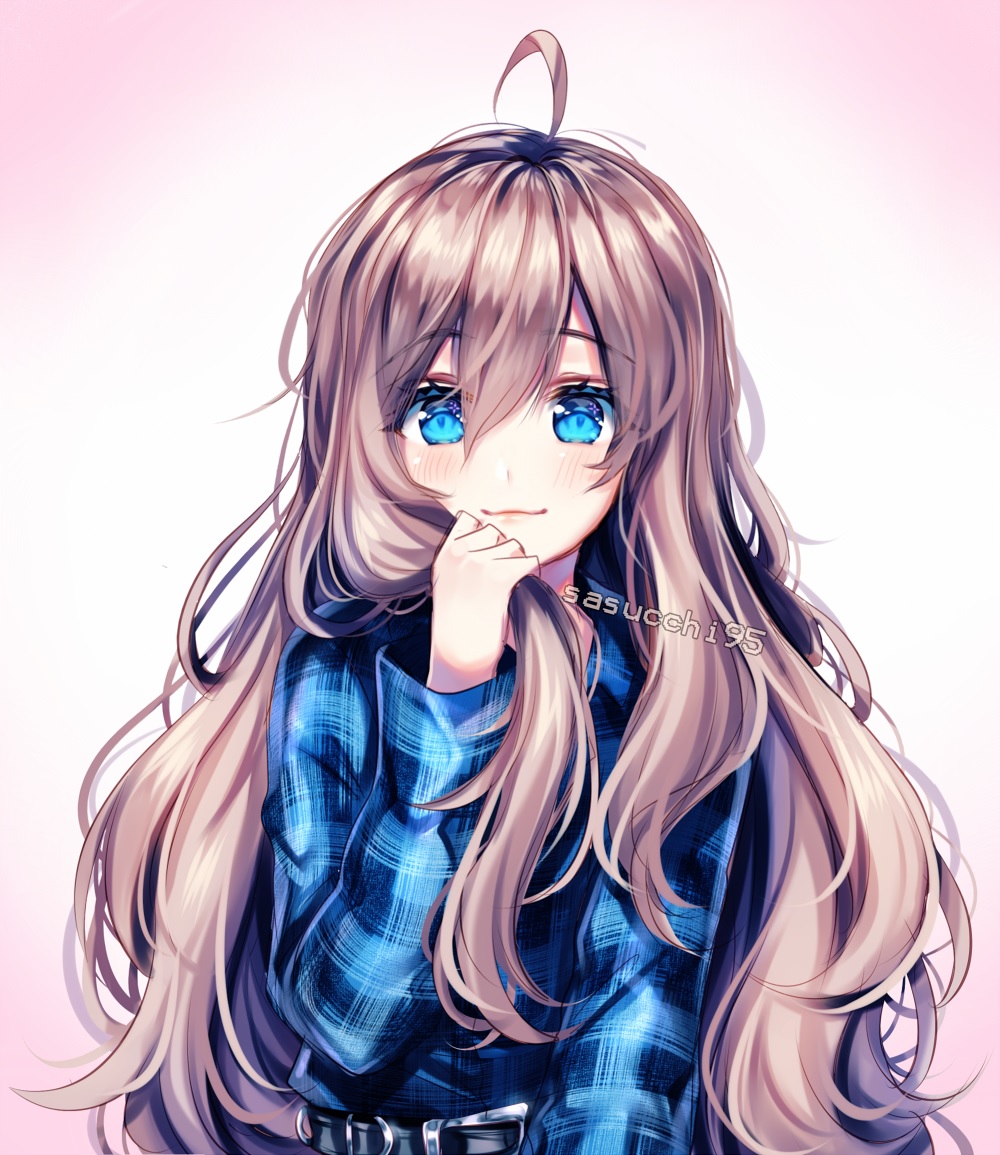 1girl :3 ahoge bangs belt belt_buckle blue_eyes blue_shirt blush brown_hair buckle checkered checkered_shirt gradient gradient_background hand_up holding holding_hair long_hair long_sleeves looking_at_viewer original sasucchi95 shirt sidelocks smile solo upper_body watermark