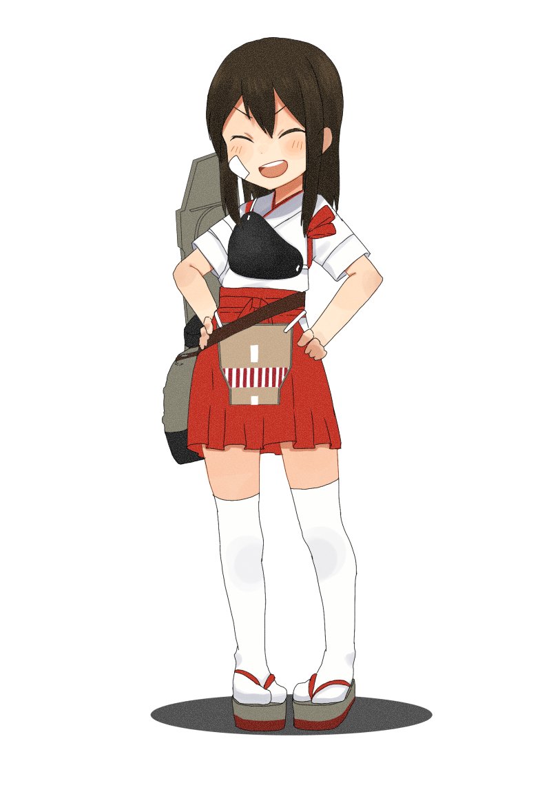 1girl akagi_(kantai_collection) annin_musou bandaid bandaid_on_face black_hair commentary_request full_body geta hakama hakama_skirt hands_in_pockets japanese_clothes kantai_collection long_hair muneate open_mouth red_hakama round_teeth sandals simple_background smile solo standing straight_hair tasuki teeth thigh-highs upper_teeth white_background white_legwear younger