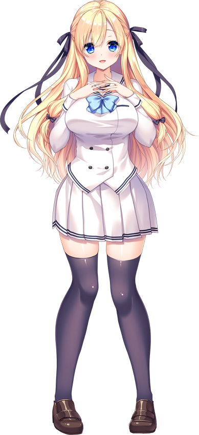 1girl ama_ane_-my_sweet_sister- ayuma_sayu bangs blazer blonde_hair blue_eyes bow bowtie breasts crossed_bangs eyebrows_visible_through_hair full_body hair_between_eyes hair_bow hair_ribbon hands_on_own_chest jacket kujou_alice large_breasts long_hair long_sleeves looking_at_viewer official_art open_mouth pleated_skirt ribbon sailor_collar school_uniform shoes skirt smile solo standing thigh-highs transparent_background zettai_ryouiki
