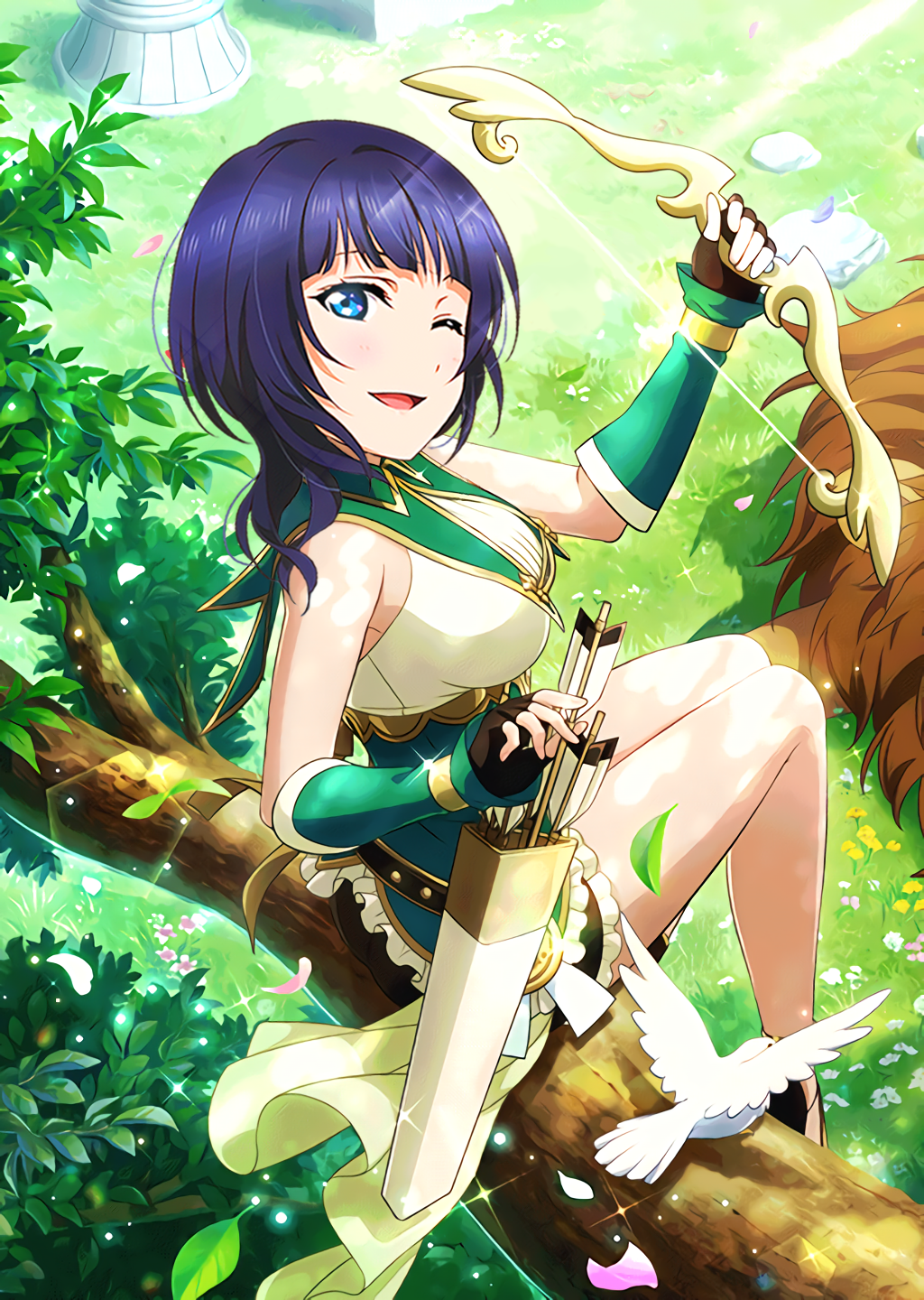 1girl ;d arrow asaka_karin bird black_gloves black_shorts blue_eyes blue_hair bow_(weapon) breasts day detached_sleeves fingerless_gloves frilled_shorts frills from_above gloves green_sleeves highres holding holding_arrow holding_bow_(weapon) holding_weapon in_tree ink_(pixiv25450915) looking_at_viewer love_live! love_live!_school_idol_festival medium_breasts one_eye_closed open_mouth outdoors petals shiny shiny_hair short_hair short_shorts shorts sitting sitting_in_tree smile solo sparkle sunlight tree weapon