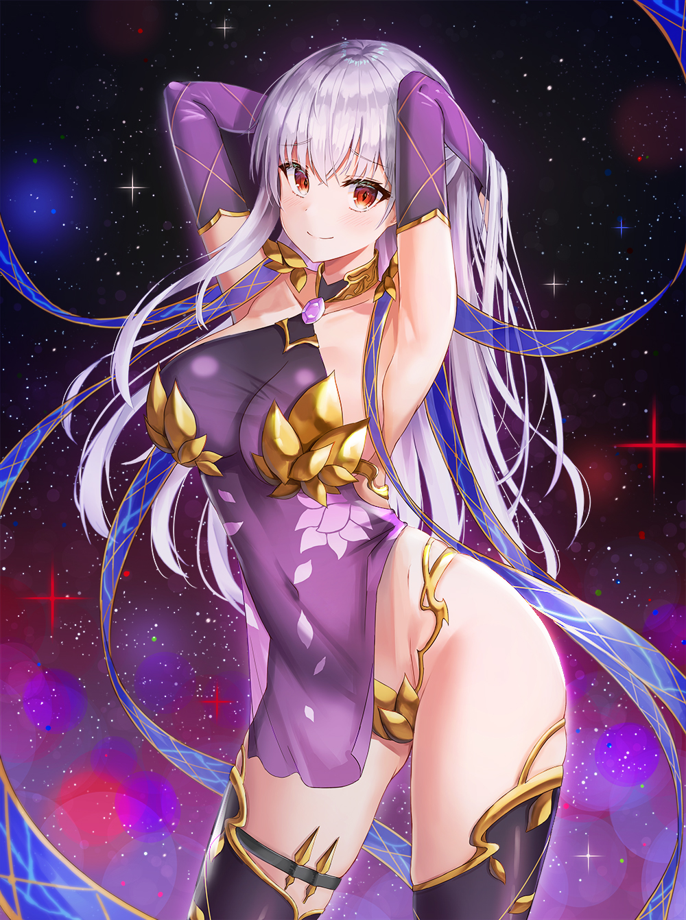 1girl armpits arms_up bare_shoulders black_legwear blush breasts brooch closed_mouth collarbone covered_navel cowboy_shot dress fate/grand_order fate_(series) highres jewelry kama_(fate/grand_order) large_breasts lkeris long_hair looking_at_viewer purple_dress red_eyes silver_hair smile solo standing thigh-highs thighs