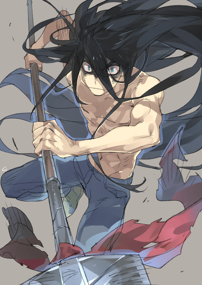 1boy aotsuki_ushio black_hair blue_eyes blue_legwear brown_background chest closed_mouth commentary_request cracked frown hair_between_eyes holding holding_spear holding_weapon long_hair male_focus muscle polearm shirtless signature simple_background solo spear toujou_sakana ushio_to_tora weapon