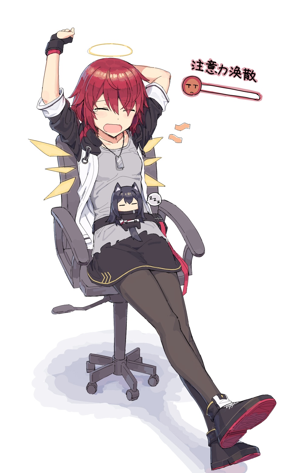 2girls animal_ears arknights black_hair black_legwear chair chibi chinese_text closed_eyes dog_tags ear_piercing exusiai_(arknights) fingerless_gloves gloves halo highres kataokasan long_hair minigirl multiple_girls office_chair pantyhose piercing redhead short_hair sitting sitting_on_lap sitting_on_person spoken_zzz stretch tail tears texas_(arknights) translation_request white_background wings yawning zzz
