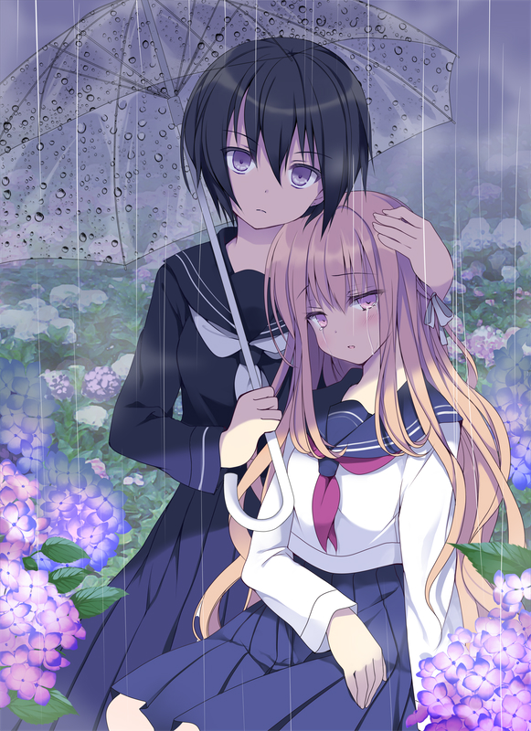 2girls ai_ai_gasa black_shirt black_skirt blonde_hair commentary_request eyebrows_visible_through_hair flower hair_between_eyes hair_ornament hair_ribbon hand_on_head holding holding_umbrella hoshino_koucha hydrangea long_hair long_skirt looking_at_viewer multiple_girls original outdoors rain red_eyes ribbon school_uniform serafuku shirt short_hair sitting skirt standing tears umbrella white_eyes white_shirt yuri