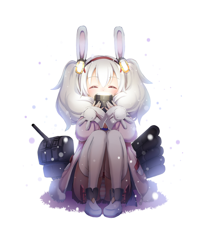 1girl ^_^ animal_ears azur_lane bangs boots closed_eyes commentary cup hairband headgear holding holding_cup knees_up laffey_(azur_lane) long_hair long_sleeves nitchi panties pantyshot pantyshot_(sitting) pink_coat rabbit_ears red_hairband sitting sleeves_past_wrists snow solo steam striped striped_panties thigh-highs torpedo_tubes twintails underwear white_footwear white_hair white_legwear