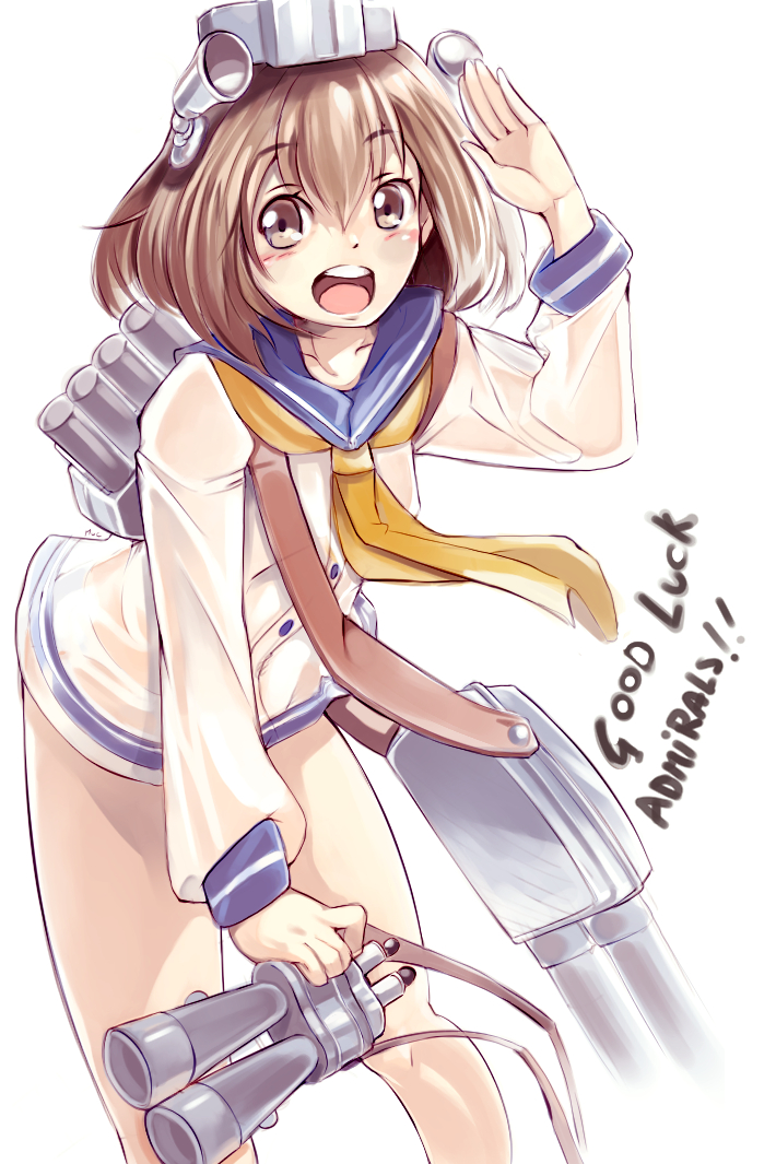 1girl binoculars blue_sailor_collar brown_eyes brown_hair commentary dress english_commentary english_text feet_out_of_frame headgear headset kantai_collection leaning_forward looking_at_viewer moeufocatcher neckerchief open_mouth round_teeth sailor_collar sailor_dress salute short_hair solo teeth torpedo_launcher turret upper_teeth white_background yellow_neckwear yukikaze_(kantai_collection)
