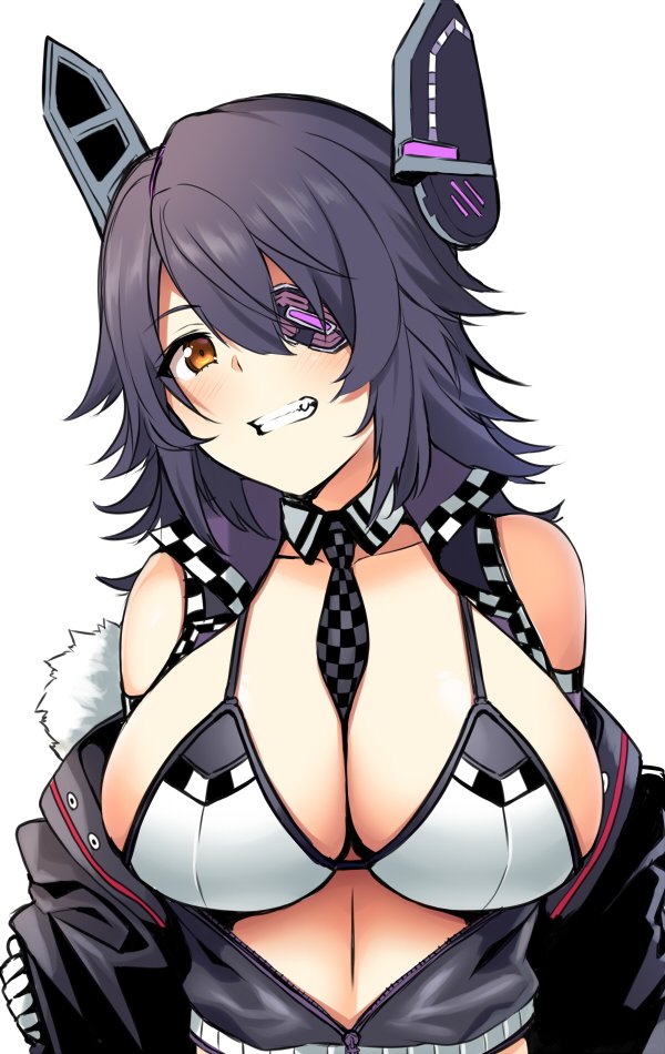 1girl between_breasts blush bra breasts checkered checkered_neckwear commentary_request eyepatch fur_collar grin horosuke_(toot08) jacket kantai_collection large_breasts necktie necktie_between_breasts off_shoulder open_clothes open_jacket purple_hair racequeen smile tenryuu_(kantai_collection) underwear upper_body white_background yellow_eyes