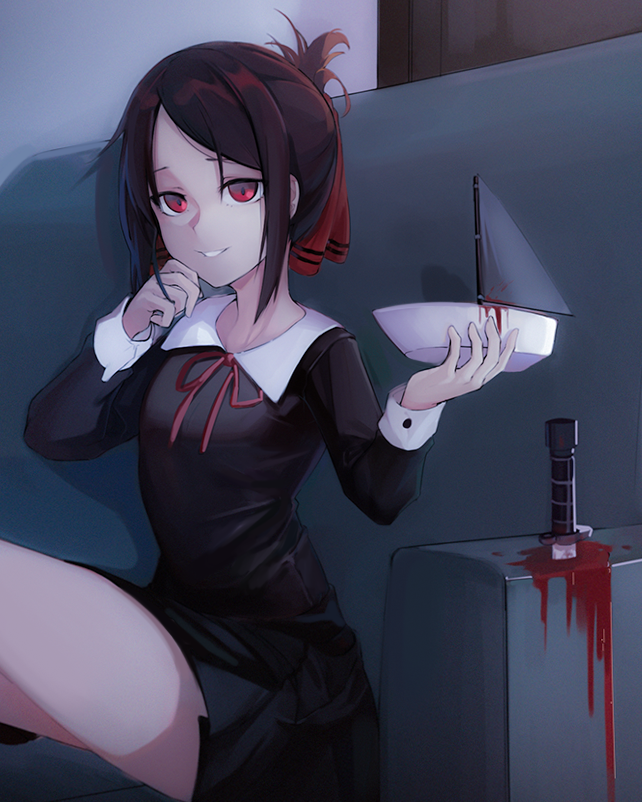 1girl anizi_(anizi9621) bangs black_dress black_hair blood blood_splatter boat collared_dress commentary_request couch cropped_legs crossed_legs dress flat_chest grin hair_ribbon hand_on_own_cheek holding indoors kaguya-sama_wa_kokurasetai_~tensai-tachi_no_renai_zunousen~ knife legs_up long_sleeves looking_at_viewer neck_ribbon parted_bangs pool_of_blood red_eyes red_ribbon ribbon sailboat shinomiya_kaguya short_dress short_hair short_ponytail sidelocks sitting smile solo watercraft