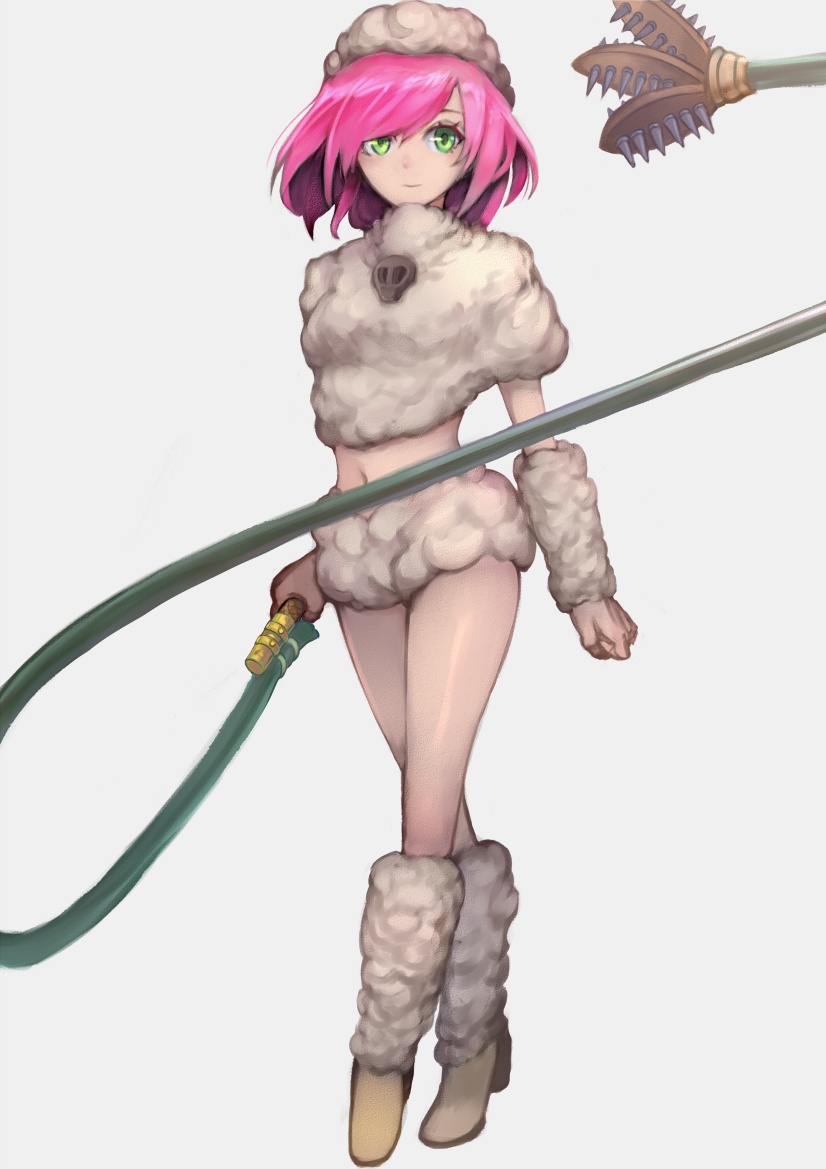 1girl arm_warmers bangs beastmaster_(final_fantasy) chienon crop_top crossed_legs final_fantasy final_fantasy_v full_body green_eyes hat holding holding_whip lenna_charlotte_tycoon navel pink_hair short_hair short_shorts shorts skull smile solo swept_bangs watson_cross whip white_background white_headwear white_shorts wool