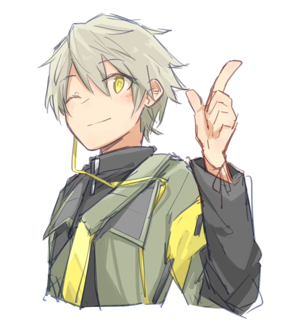 1boy armband genderswap genderswap_(ftm) girls_frontline hair_between_eyes hair_color_request jacket long_sleeves looking_at_viewer one_eye_closed short_hair smile solo star star-shaped_pupils symbol-shaped_pupils ump40_(girls_frontline) upper_body white_background xinhao