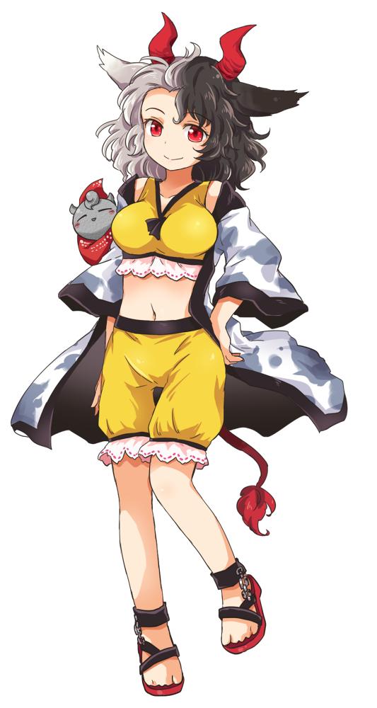 1girl animal_ears animal_print black_hair breasts collarbone commentary cow_ears cow_horns cow_print cow_tail crop_top eyebrows_visible_through_hair full_body grey_hair grin haori horns japanese_clothes long_sleeves looking_at_viewer medium_breasts midriff multicolored_hair navel pants pote_(ptkan) red_eyes red_footwear sandals short_hair shorts smile sports_bra stomach tail touhou two-tone_hair ushizaki_urumi white_background wide_sleeves yellow_shorts