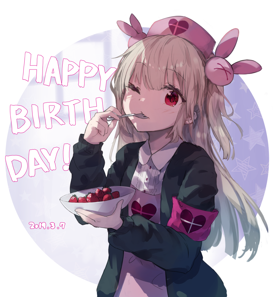 &gt;_&lt; 1girl apron armband black_cardigan black_jacket blush bowl bunny_hair_ornament cardigan circle collared_shirt dated eating eyebrows_visible_through_hair food food_in_mouth fork fruit hair_ornament happy_birthday hat heart holding holding_bowl jacket light_brown_hair long_hair long_sleeves looking_at_viewer natori_sana nurse_cap one_eye_closed open_cardigan open_clothes pink_apron pink_headwear red_eyes roll_okashi safety_pin sana_channel shirt solo star strawberry two_side_up virtual_youtuber white_shirt
