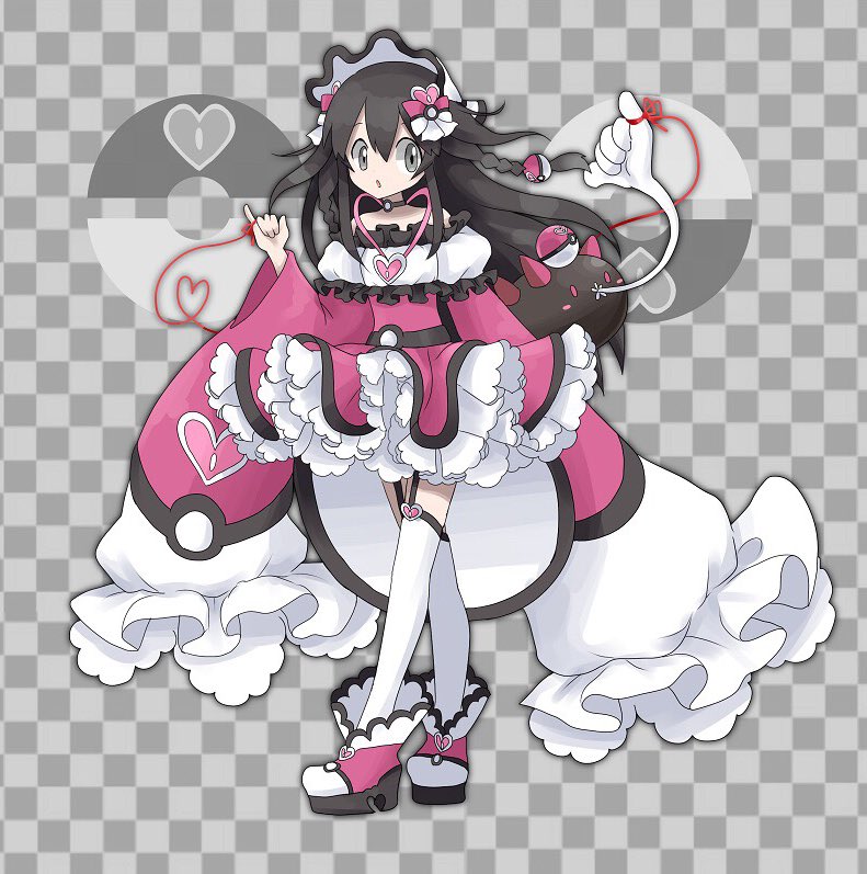 1girl alternate_costume bangs bare_shoulders black_choker black_hair blush_stickers bonnet bow braid checkered checkered_background choker commentary dress flat_chest full_body garter_straps gen_7_pokemon grey_background grey_eyes hair_between_eyes hair_bow hair_ornament hand_up heart heart_of_string jpeg_artifacts long_hair long_sleeves looking_at_another looking_to_the_side love_ball namako_plum off_shoulder official_style open_mouth pink_bow pink_dress pink_eyes pink_footwear pinky_out plum_(plum_no_bouken_note) plum_no_bouken_note poke_ball poke_ball_symbol pokemon pokemon_(creature) pyukumuku red_string shoes simple_background sleeves_past_fingers sleeves_past_wrists solo_focus standing string thigh-highs tied_hair twin_braids two-tone_background virtual_youtuber white_headwear white_legwear wide_sleeves