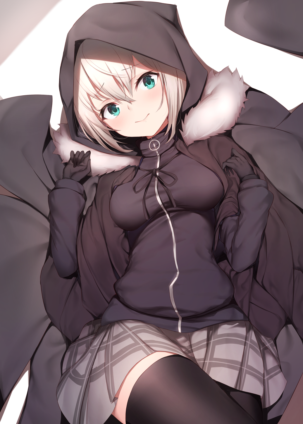 1girl bangs black_cape black_gloves black_hoodie black_jacket black_legwear cape closed_mouth eyebrows_visible_through_hair fate_(series) fur_trim gloves gray_(lord_el-melloi_ii) green_eyes grey_skirt highres hood hood_up jacket long_sleeves looking_at_viewer lord_el-melloi_ii_case_files maosame plaid plaid_skirt short_hair skirt solo thigh-highs white_hair zettai_ryouiki