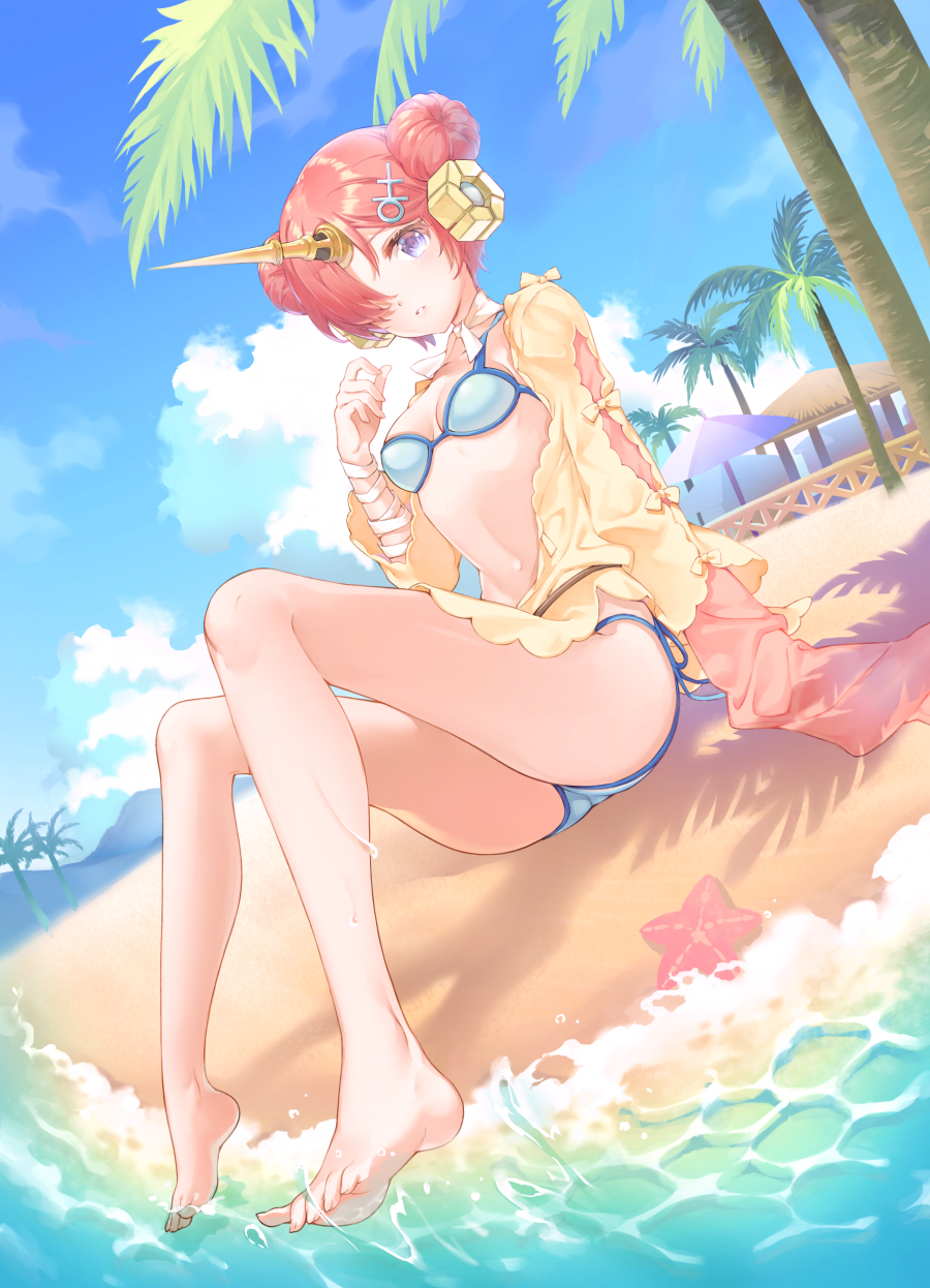 1girl asymmetrical_sleeves bandaged_arm bandages bangs barefoot beach bikini bikini_under_clothes blue_bikini blue_sky breasts clouds commentary_request day double_bun dutch_angle fate/grand_order fate_(series) feet fence frankenstein's_monster_(fate) frankenstein's_monster_(swimsuit_saber)_(fate) hair_ornament hair_over_one_eye hand_up highres horn jacket legs long_sleeves looking_at_viewer navel open_clothes open_jacket outdoors palm_tree parted_lips pink_hair sand shiosoda side_bun sitting sky sleeves_past_fingers sleeves_past_wrists small_breasts solo starfish swimsuit toenails tree violet_eyes water yellow_jacket