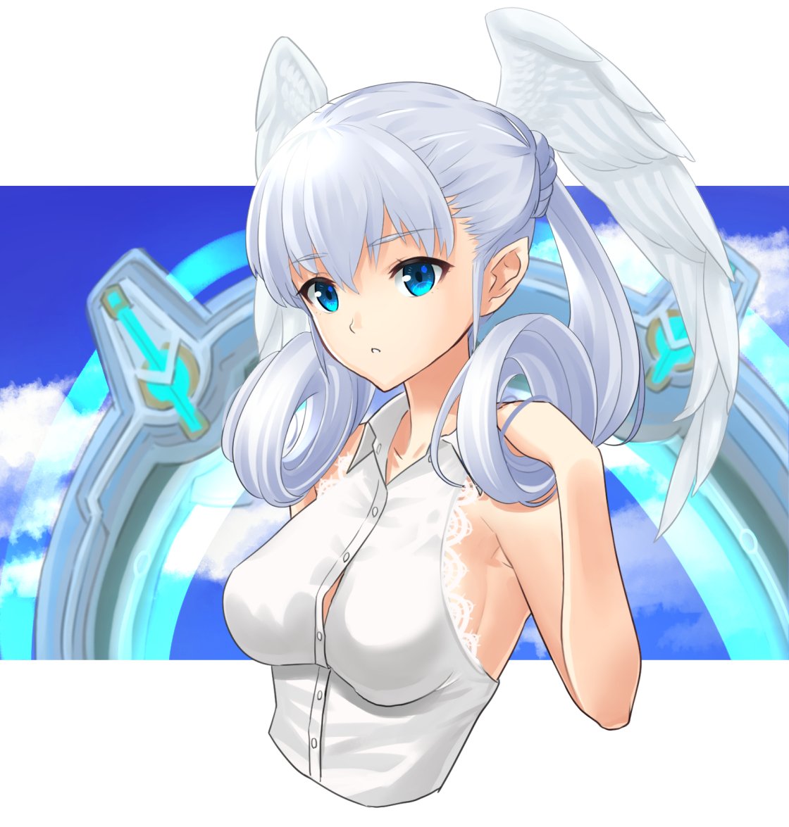 1girl blue_eyes blush clouds curly_hair dolling60883582 dollinger head_wings long_hair melia silver_hair simple_background sky solo wings xenoblade_(series) xenoblade_1
