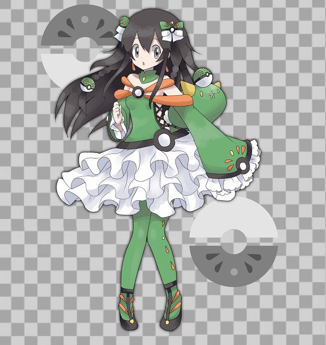 1girl alternate_color alternate_costume bangs bare_shoulders black_footwear black_hair bow braid breasts checkered checkered_background clenched_hand commentary detached_collar friend_ball frilled_skirt frills full_body gen_7_pokemon green_bow green_legwear green_shirt grey_background grey_eyes hair_between_eyes hair_bow hair_ornament hand_up jpeg_artifacts knees_together_feet_apart long_hair long_sleeves looking_to_the_side miniskirt namako_plum off_shoulder official_style open_mouth pantyhose pigeon-toed plum_(plum_no_bouken_note) plum_no_bouken_note poke_ball poke_ball_symbol pokemon pokemon_(creature) pyukumuku shiny_pokemon shirt shoes simple_background skirt sleeves_past_fingers sleeves_past_wrists small_breasts solo_focus standing tied_hair twin_braids two-tone_background virtual_youtuber white_skirt yellow_eyes