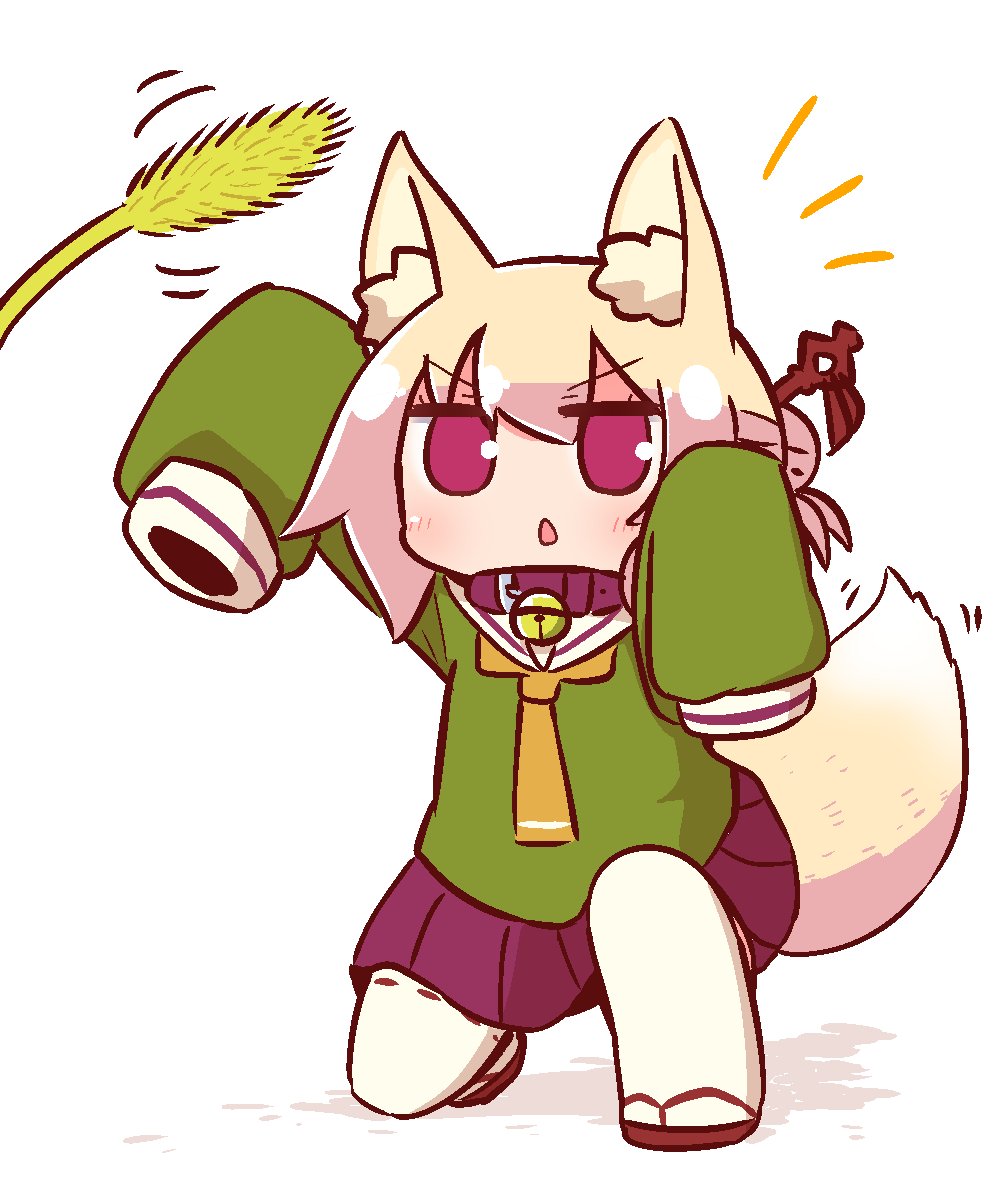 1girl animal_ears arm_up bangs bell bell_collar blonde_hair blush brown_collar brown_footwear cattail collar commentary_request eyebrows_visible_through_hair fox_ears fox_girl fox_tail full_body green_shirt hair_between_eyes hair_bun hair_ornament hand_up highres jingle_bell kemomimi-chan_(naga_u) long_hair long_sleeves looking_away looking_up naga_u notice_lines one_knee orange_neckwear original parted_lips plant pleated_skirt purple_skirt red_eyes ribbon-trimmed_sleeves ribbon_trim sailor_collar shirt sidelocks skirt sleeves_past_fingers sleeves_past_wrists solo tail thigh-highs v-shaped_eyebrows white_legwear white_sailor_collar