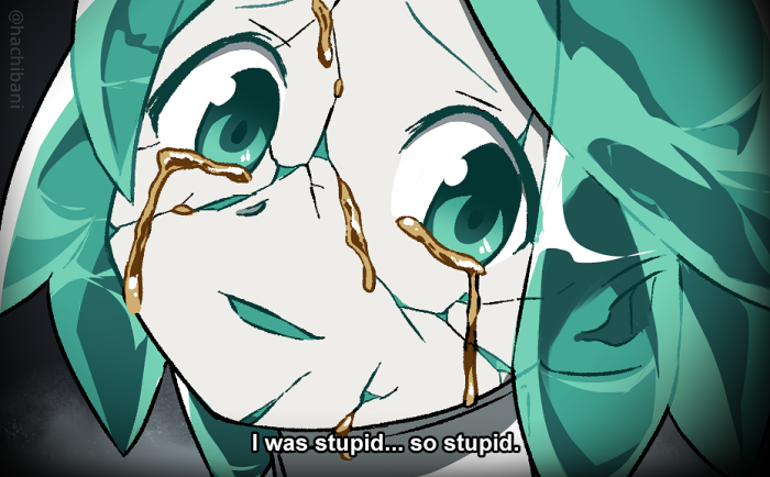 1other caption close-up crack crying crying_with_eyes_open dark_background despair english_text face gold green_eyes green_hair hachibani head_tilt houseki_no_kuni i'm_such_a_fool leaking light_frown looking_at_viewer mahou_shoujo_madoka_magica miki_sayaka molten_metal parody phosphophyllite solo tears white_skin