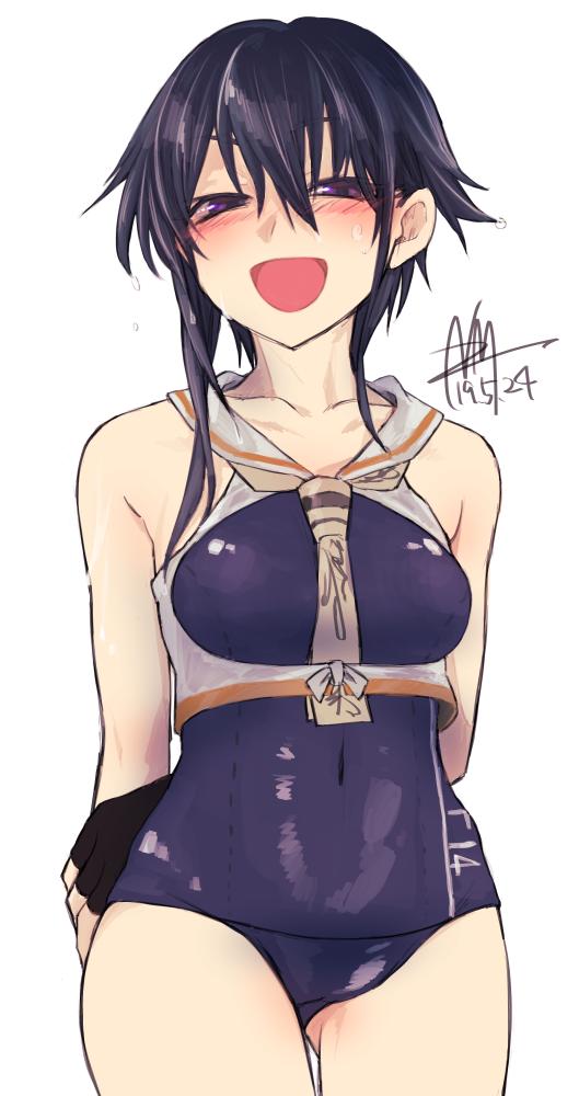1girl ass_visible_through_thighs asymmetrical_hair black_hair black_swimsuit brown_eyes cowboy_shot crop_top dated framed_breasts gloves hair_between_eyes i-14_(kantai_collection) kantai_collection nmz_(namazu) no_hat no_headwear open_mouth partly_fingerless_gloves school_swimsuit short_hair signature simple_background single_glove smile solo swimsuit white_background