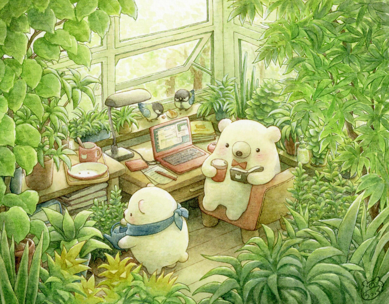 artist_name bear bird book bow bowtie chair coffee_cup coffee_mug computer cup day desk_lamp disposable_cup holding holding_book holding_cup indoors lamp laptop looking_at_book mug no_humans original paper pencil plant plate polar_bear potted_plant print_mug reading red_bow red_neckwear scenery signature sitting st.kuma standing twitter_username watering_can window