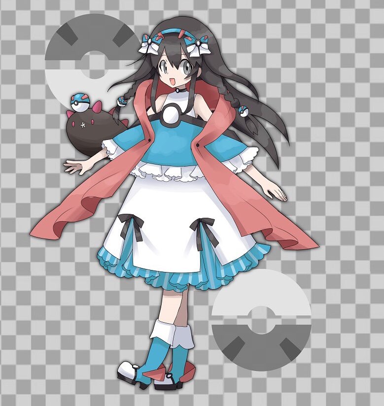 1girl alternate_costume bangs bare_shoulders black_hair blue_bow blue_dress blue_footwear blue_hairband boots bow braid checkered checkered_background commentary dress full_body gen_7_pokemon great_ball grey_background grey_eyes hair_between_eyes hair_bow hair_ornament hairband happy jpeg_artifacts long_hair looking_at_viewer namako_plum official_style open_mouth plum_(plum_no_bouken_note) plum_no_bouken_note poke_ball poke_ball_symbol pokemon pokemon_(creature) pyukumuku simple_background smile solo_focus standing tied_hair twin_braids two-tone_background virtual_youtuber