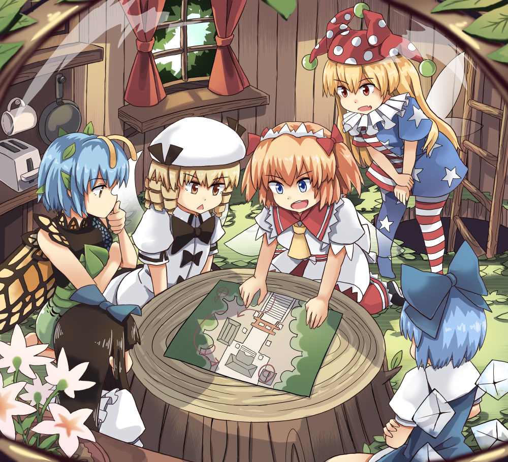 6+girls american_flag_dress american_flag_legwear antennae black_hair blonde_hair blue_dress blue_eyes blue_hair bow butterfly_wings chestnut_mouth cirno clownpiece commentary cup curtains dress drill_hair eternity_larva fairy fairy_wings flower frying_pan green_dress hair_bow hair_ornament hat houshiruri ice ice_wings jester_cap ladder leaf leaf_hair_ornament leaf_on_head luna_child map multiple_girls neck_ruff red_eyes star_sapphire sunny_milk tagme toaster touhou tree_stump white_dress white_headwear window wings wooden_wall yellow_eyes yellow_wings