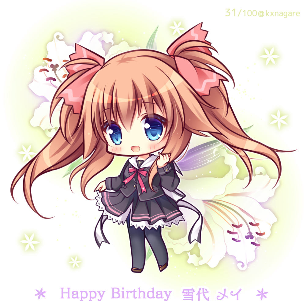 1girl :d bangs black_jacket black_legwear black_shirt black_skirt blue_eyes blush brown_footwear brown_hair character_name chibi commentary_request cross eyebrows_visible_through_hair floral_background flower full_body hair_between_eyes hair_ribbon hand_up happy_birthday hello_good-bye jacket long_hair long_sleeves neck_ribbon open_mouth pantyhose pink_ribbon pleated_skirt red_ribbon ribbon ryuuka_sane sailor_collar shirt shoes sidelocks skirt smile solo standing twintails twitter_username white_flower white_sailor_collar yukishiro_may