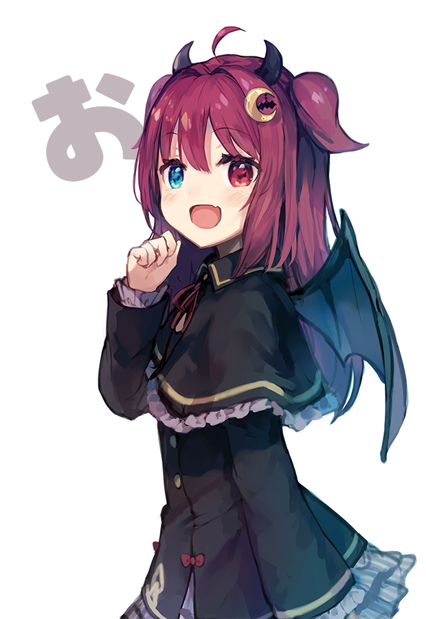 :d black_capelet black_dress black_wings blue_eyes blush capelet crescent crescent_hair_ornament demon_girl demon_horns demon_wings dress fang frilled_capelet frills hair_ornament hand_up heterochromia horns long_hair long_sleeves looking_away looking_to_the_side neck_ribbon nijisanji open_mouth red_eyes red_ribbon redhead ribbon roll_okashi simple_background smile translated two_side_up upper_body virtual_youtuber white_background wings yuzuki_roa