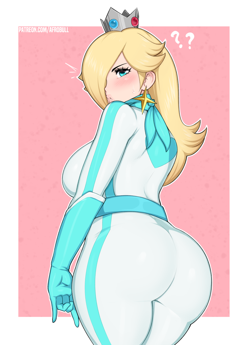 1girl ?? \m/ afrobull ass biker_clothes blonde_hair bodysuit border breasts crown earrings elbow_gloves from_behind gloves green_eyes hair_over_one_eye highres jewelry large_breasts lips long_hair super_mario_bros. mario_kart outside_border patreon_username puckered_lips racing_suit rosalina short_hair star star_earrings striped sweatdrop vertical_stripes watermark web_address