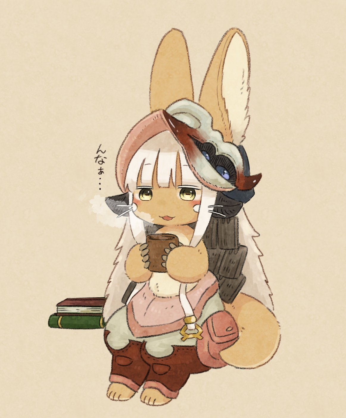 1other :3 ambiguous_gender animal_ears book_stack brown_background cup full_body furry helmet highres holding holding_cup kawasemi27 looking_away looking_down made_in_abyss nanachi_(made_in_abyss) parted_lips short_hair simple_background sitting smile steam tail translated white_hair