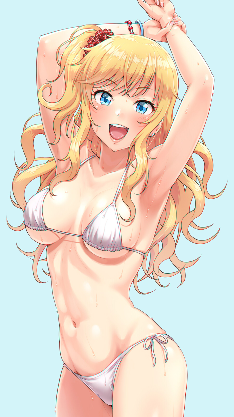 1girl aqua_background armpits arms_behind_head arms_up bikini blonde_hair blue_eyes bracelet breasts commentary_request earrings eyebrows_visible_through_hair highres holding_own_wrist idolmaster idolmaster_cinderella_girls jewelry long_hair looking_at_viewer medium_breasts navel nigou one_side_up ootsuki_yui open_mouth scrunchie side-tie_bikini simple_background smile solo sweat swimsuit white_bikini