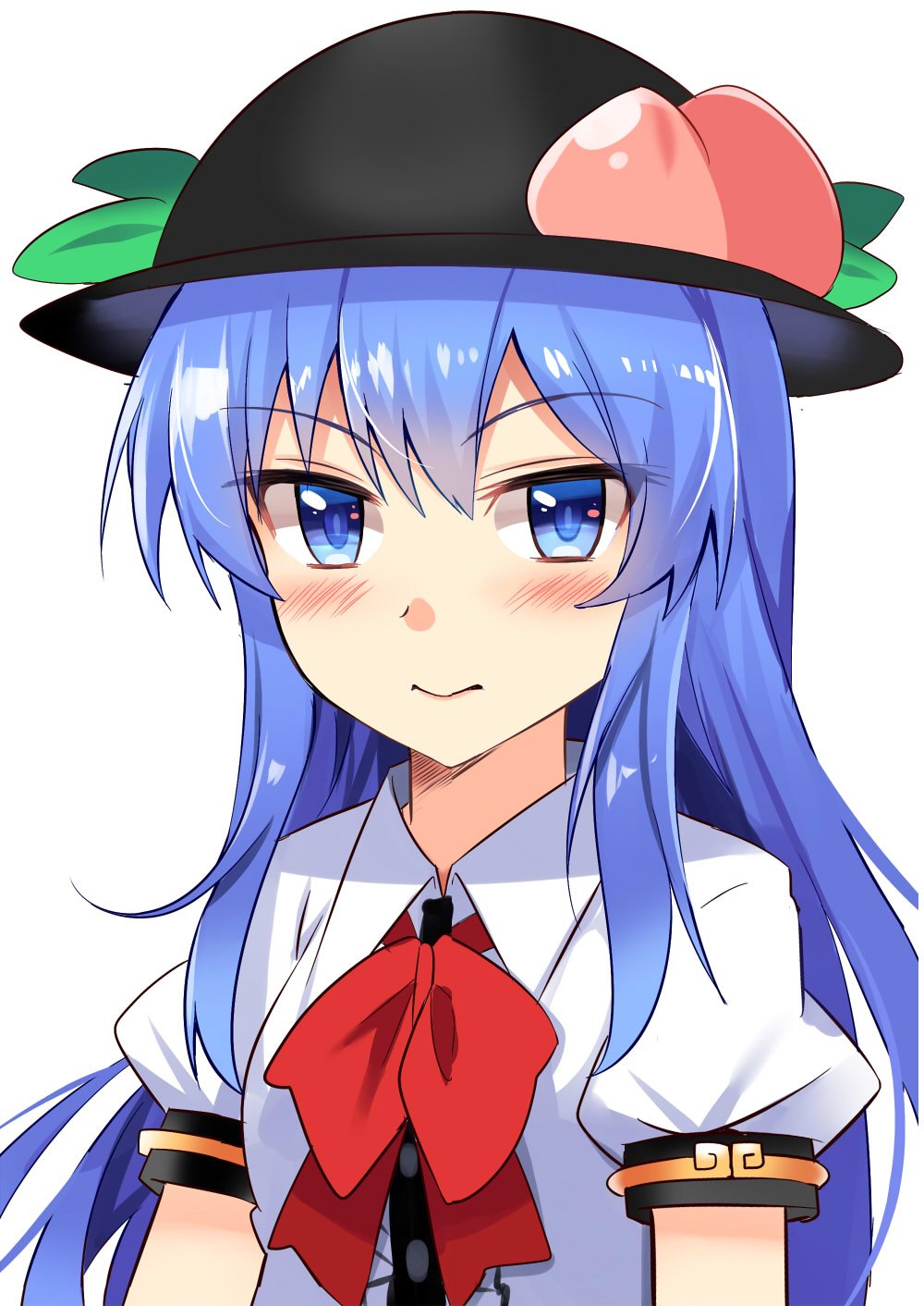 1girl alternate_eye_color bangs black_headwear blue_eyes blue_hair blush bow bowtie center_frills e.o. eyebrows_visible_through_hair food fruit hair_between_eyes highres hinanawi_tenshi leaf long_hair looking_at_viewer peach puffy_short_sleeves puffy_sleeves red_bow red_neckwear short_sleeves sidelocks simple_background smile solo touhou upper_body white_background