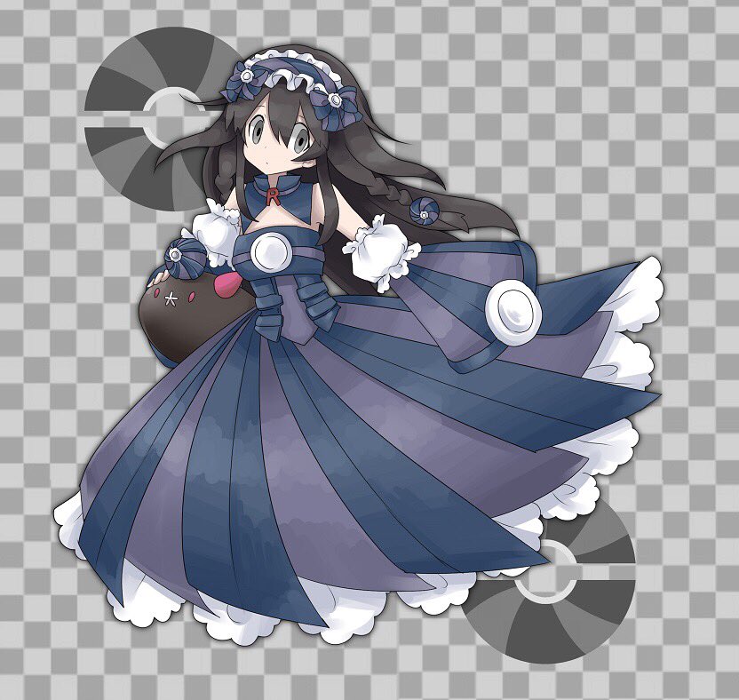 1girl alternate_costume bangs bare_shoulders black_hair bow braid checkered checkered_background closed_mouth commentary_request detached_collar detached_sleeves dress dusk_ball empty_eyes frilled_dress frills full_body gen_7_pokemon grey_background grey_eyes hair_between_eyes hair_bow hair_ornament jpeg_artifacts long_hair looking_to_the_side maid_headdress namako_plum official_style pink_eyes plum_(plum_no_bouken_note) plum_no_bouken_note poke_ball poke_ball_symbol pokemon pokemon_(anime) pokemon_(creature) pokemon_m04 purple_bow purple_dress pyukumuku simple_background solo_focus standing strapless strapless_dress tied_hair twin_braids two-tone_background virtual_youtuber