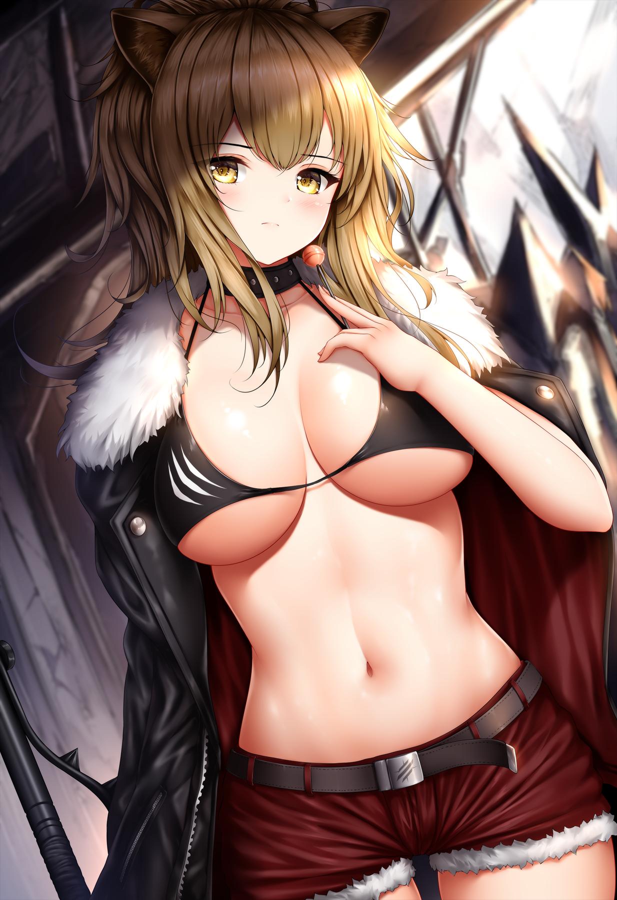 1girl animal_ears arknights axe bangs bare_shoulders belt bikini black_bikini black_eyes black_jacket blonde_hair blurry blurry_background blush breasts candy choker collarbone commentary cowboy_shot expressionless food fur-trimmed_jacket fur-trimmed_shorts fur_trim groin hair_between_eyes highres holding holding_food jacket jacket_on_shoulders large_breasts lion_ears lollipop long_hair navel over_shoulder red_shorts short_shorts shorts siege_(arknights) solo stomach swimsuit upper_body wsman yellow_eyes