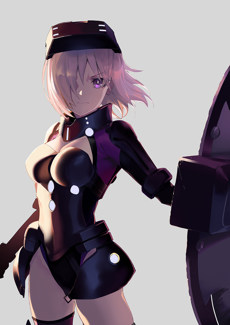 1girl armored_leotard bangs black_gloves black_leotard breasts closed_mouth eyebrows_visible_through_hair fate/grand_order fate_(series) floating_hair gloves grey_background hair_over_one_eye head_mounted_display highres holding leotard looking_at_viewer mash_kyrielight medium_breasts ortenaus purple_hair purple_legwear shield simple_background solo soupchan thigh-highs v-shaped_eyebrows violet_eyes wind