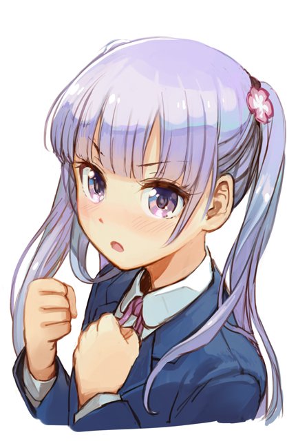 1girl bangs blue_hair blunt_bangs blush clenched_hands flower hair_flower hair_ornament hankuri long_hair new_game! open_mouth simple_background solo suzukaze_aoba twintails upper_body violet_eyes white_background