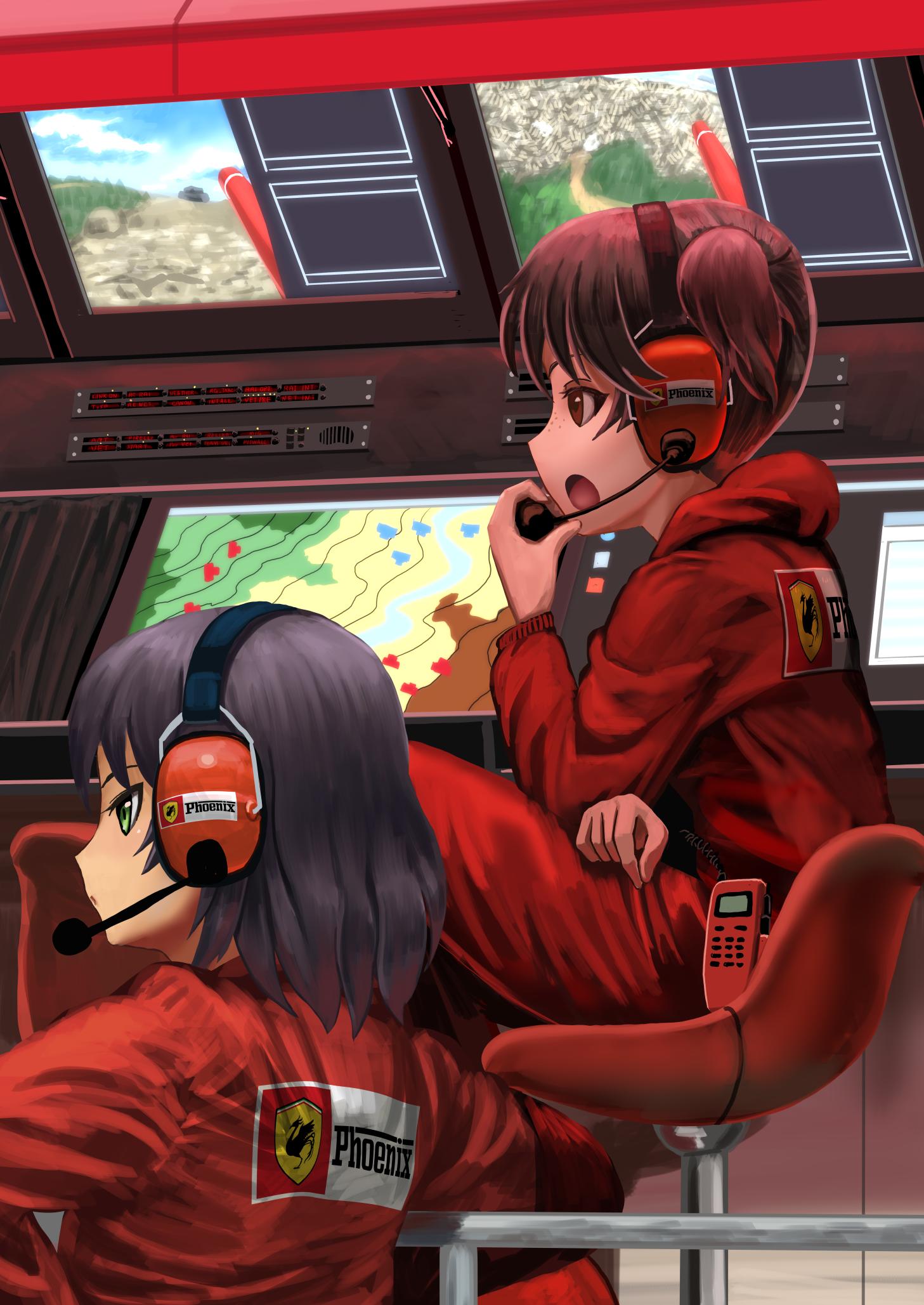 2girls abazu-red alisa_(girls_und_panzer) bangs brown_eyes brown_hair chair closed_mouth commentary dark_skin freckles from_side girls_und_panzer green_eyes head highres hoshino_(girls_und_panzer) indoors logo long_sleeves map monitor multiple_girls open_mouth radio red_jumpsuit short_hair short_twintails sitting twintails