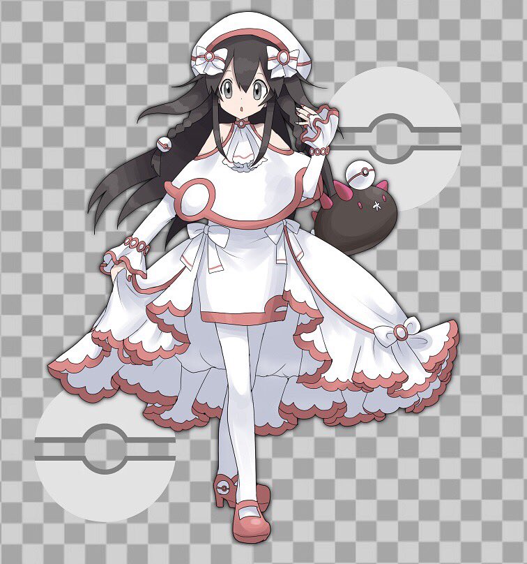 1girl alternate_costume ascot bangs bare_shoulders black_hair bow braid checkered checkered_background commentary dress full_body gen_7_pokemon grey_background grey_eyes hair_between_eyes hair_bow hair_ornament hand_up hat jpeg_artifacts long_hair long_sleeves nail_polish namako_plum official_style open_mouth pink_eyes plum_(plum_no_bouken_note) plum_no_bouken_note poke_ball poke_ball_symbol pokemon pokemon_(creature) premier_ball pyukumuku red_footwear red_nails shoes simple_background solo_focus standing thigh-highs tied_hair twin_braids two-tone_background virtual_youtuber white_bow white_dress white_headwear white_legwear white_nails white_neckwear