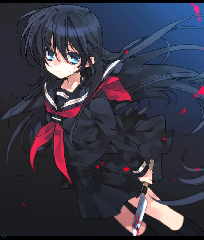 1girl bangs black_background black_hair black_legwear black_sailor_collar black_serafuku black_skirt blood blood_drop bloody_weapon blue_eyes closed_mouth commentary_request cropped_legs dark_background dutch_angle eyebrows_visible_through_hair flat_chest floating_hair gradient gradient_background hair_between_eyes holding holding_knife holding_weapon knife light_blue_eyes light_frown long_hair neckerchief red_neckwear sailor_collar school_uniform serafuku shaded_face shi-no signature skirt solo standing thigh-highs toujou_sakana weapon wind wind_lift