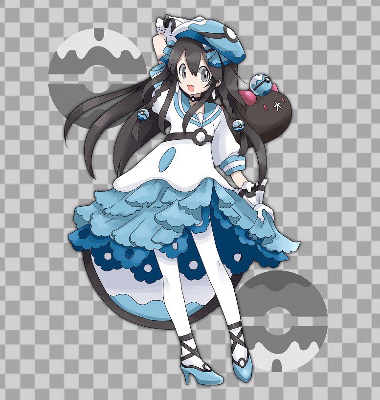 1girl alternate_costume arm_up bangs black_choker black_hair blue_bow blue_footwear blue_headwear blue_skirt bow braid checkered checkered_background choker commentary dive_ball earrings flat_chest frilled_skirt frills full_body gen_7_pokemon gloves grey_background grey_eyes hair_between_eyes hair_bow hair_ornament happy hat high_heels jewelry jpeg_artifacts long_hair miniskirt namako_plum official_style open_mouth pantyhose pigeon-toed pink_eyes plum_(plum_no_bouken_note) plum_no_bouken_note poke_ball poke_ball_symbol pokemon pokemon_(creature) pyukumuku shirt shoes short_sleeves simple_background skirt smile solo_focus standing tied_hair twin_braids two-tone_background virtual_youtuber white_gloves white_legwear white_shirt